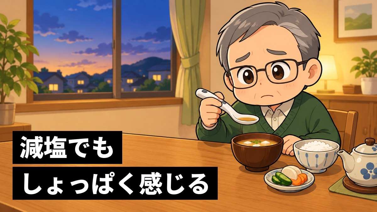 家の食卓で、塩を減らしたみそ汁を前に少ししょんぼりしながら、細いコードのついたスプーンを手に取る白髪まじりの男性。「減塩でもしょっぱく感じる」の文字。