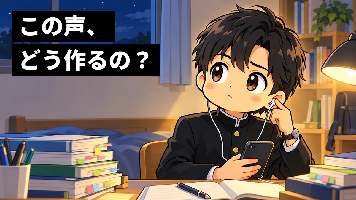 夜の自分の部屋で、イヤホンを指で押さえて歌を聞き、首をかしげる安房高の男子。「この声、どう作るの?」の文字。