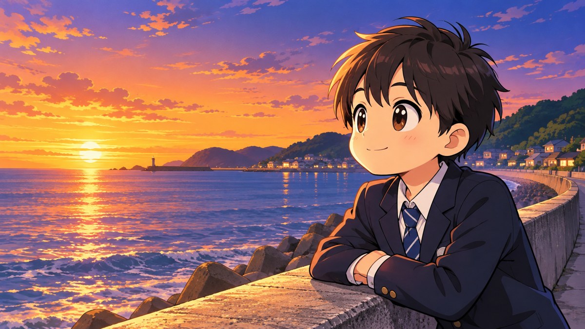 夕方の館山の海沿いの道で、低い堤防にひじをのせて海を見ながら、鼻歌まじりに小さくほほえむ館山中の男子。