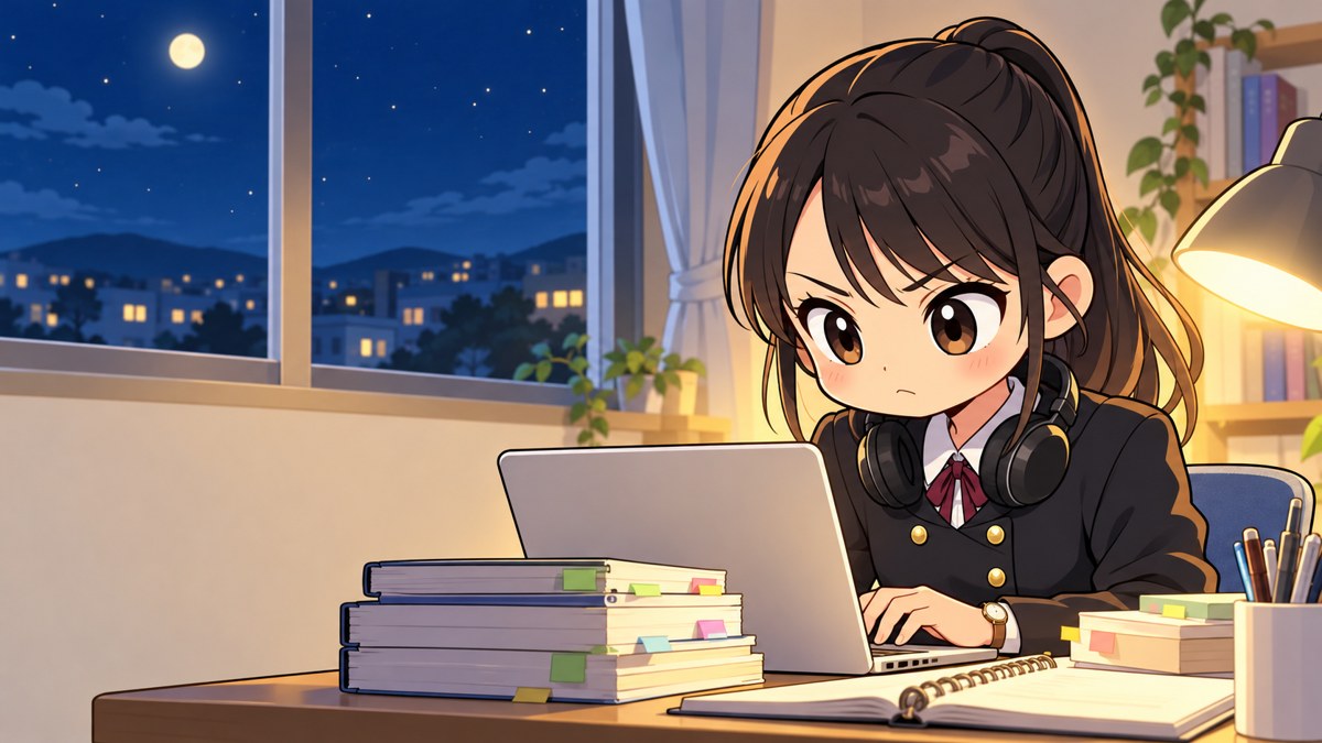 夜の自分の部屋で、ノートパソコンのキーボードに手を置き、唇を結んで画面を見つめる安房高の女子。