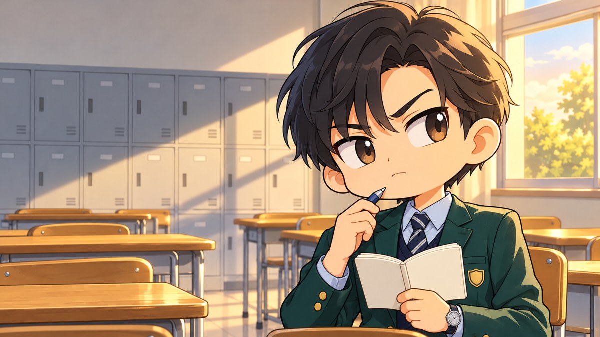 放課後の教室で、ノートを持ってペンをあごに当て、片眉を上げ、唇を結んで考えこむ志学館高の男子。