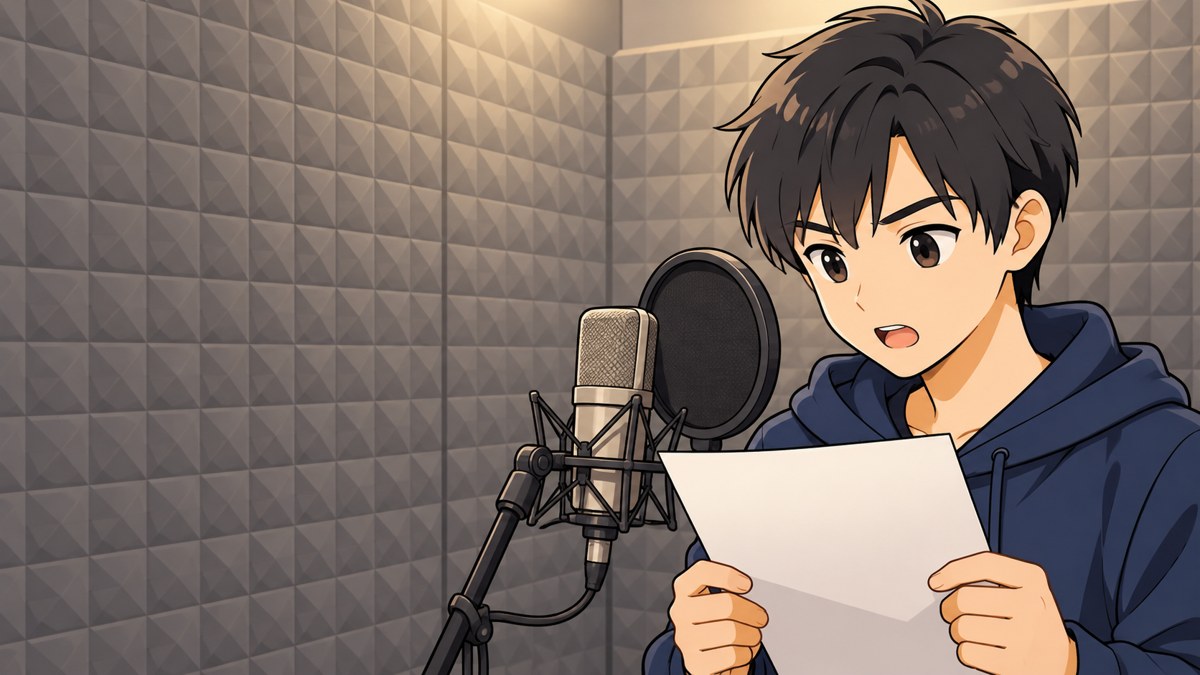 大学の小さな録音室で、マイクの前で紙の原稿を両手で持ち、集中して読み上げる男子大学院生。