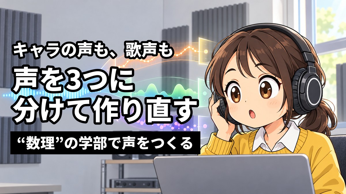大学の音の研究室で、大きなヘッドホンを片手で押さえ、目を見開いて声を聞く女子大学院生。「キャラの声も、歌声も」「声を3つに分けて作り直す」「“数理”の学部で声をつくる」の文字。