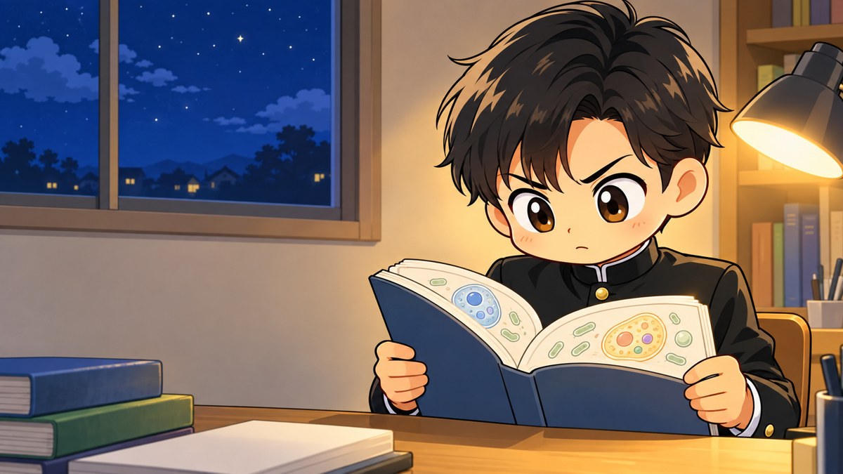 夜の自分の部屋の机で、細胞の絵が描かれた分厚い本を両手で開き、眉を寄せて真剣に読みこむ安房高の男子。