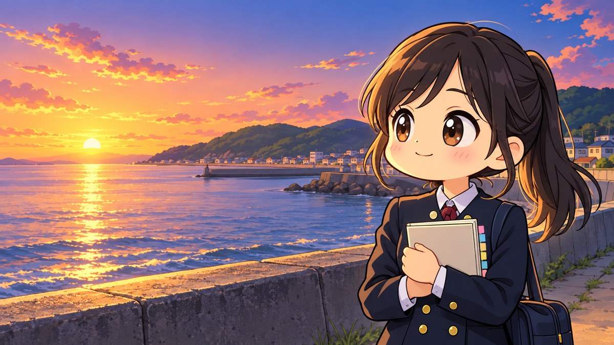 夕日の海辺の堤防の道で、ノートを胸に抱えて海を見ながら、小さくほほえむ安房高の女子。