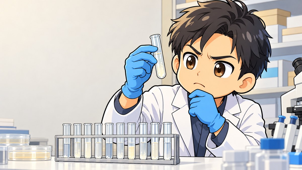 大学の研究室で、何本も並んだ試験管を前に、1本を目の高さに持ち上げ、あごに手を当てて眉を寄せる大学院生（イメージ）。
