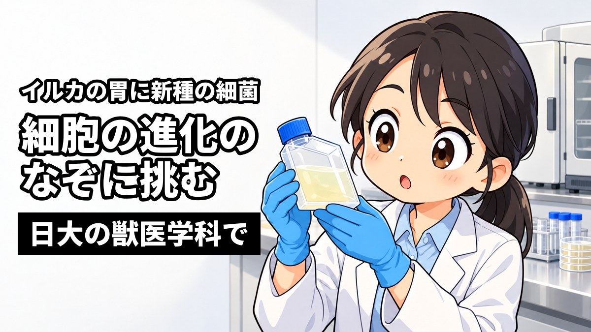 大学の研究室で、少しにごった液体の入った小さな培養びんを胸の高さで持ち、目を見開いて見つめる女子大学院生。「イルカの胃に新種の細菌」「細胞の進化のなぞに挑む」「日大の獣医学科で」の文字。