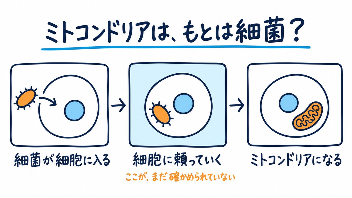 図解。「細菌が細胞に入る」→「細胞に頼っていく」→「ミトコンドリアになる」の3つの箱が矢印でつながり、まん中の箱が青く「ここが、まだ確かめられていない」の注記。「ミトコンドリアは、もとは細菌？」の文字。