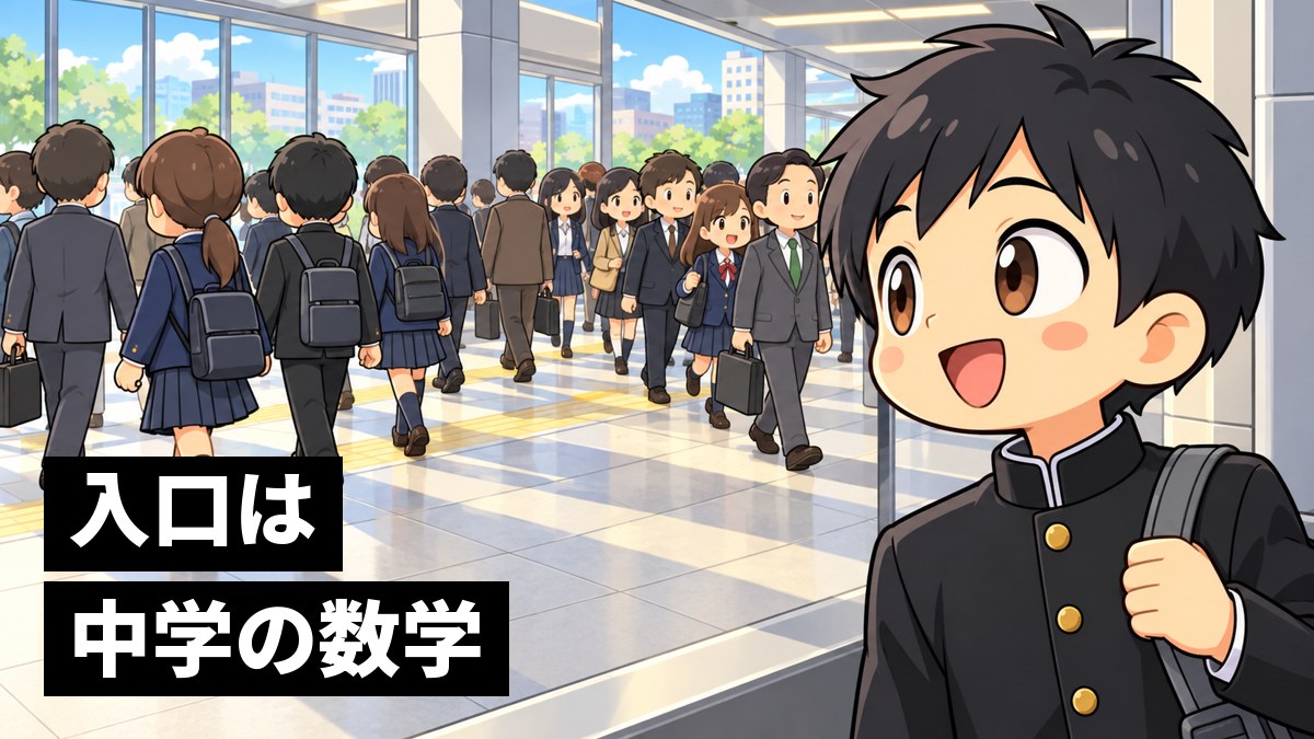 朝の混んだ駅の通路で、人の流れが自然に2つの列に分かれているのに気づき、満面の笑顔になる学ランの男子高校生。「入口は中学の数学」の文字。