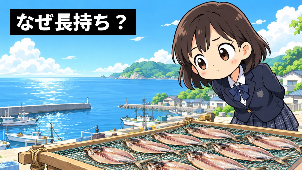 島の港のそばで、開いた魚が並ぶ干し網をのぞきこみ、首をかしげる館山中の女子。「なぜ長持ち?」の文字。