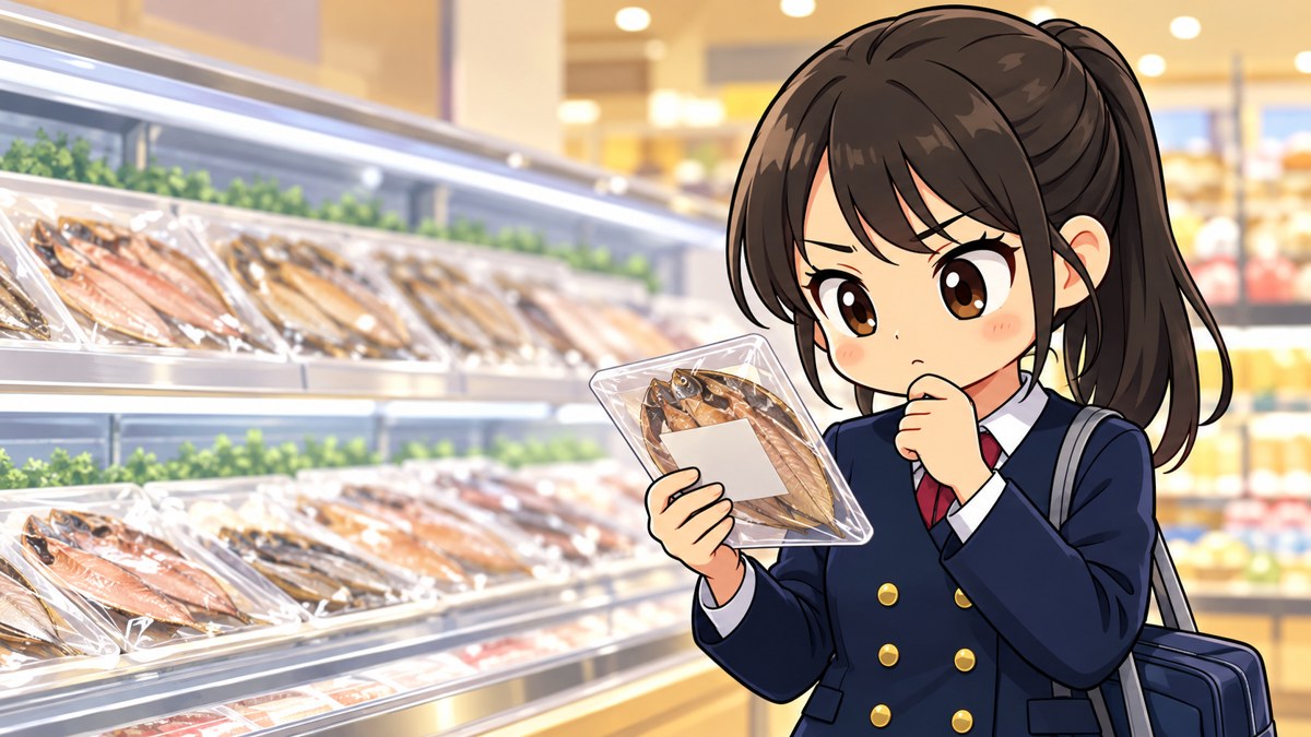 スーパーの干物の売り場で、魚の干物のパックを胸の高さで持ち、裏の表示をじっと読んで考えこむ安房高の女子。