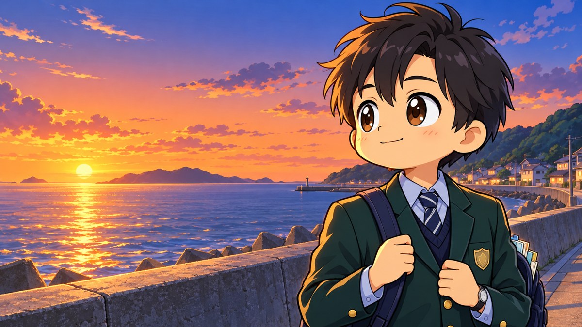 夕方の館山の海岸で、水平線の向こうを見ながら小さくほほえむ志学館高の男子。