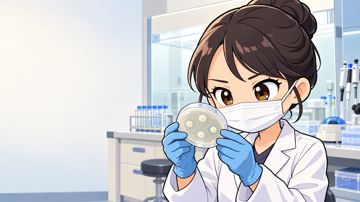 大学の研究室で、マスクと手袋をつけ、白っぽい点がいくつか育った透明な平皿を目の高さに持ち上げ、目を細めてじっと見る女子大学院生。