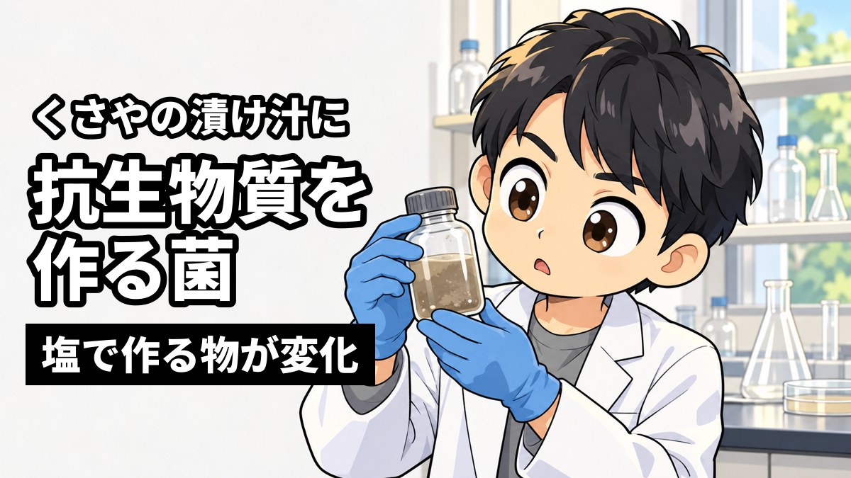 大学の研究室で、茶色の液体が入った小さなガラスびんを胸の高さで持ち、首をかしげて見つめる白衣の男子大学院生。「くさやの漬け汁に」「抗生物質を作る菌」「塩で作る物が変化」の文字。