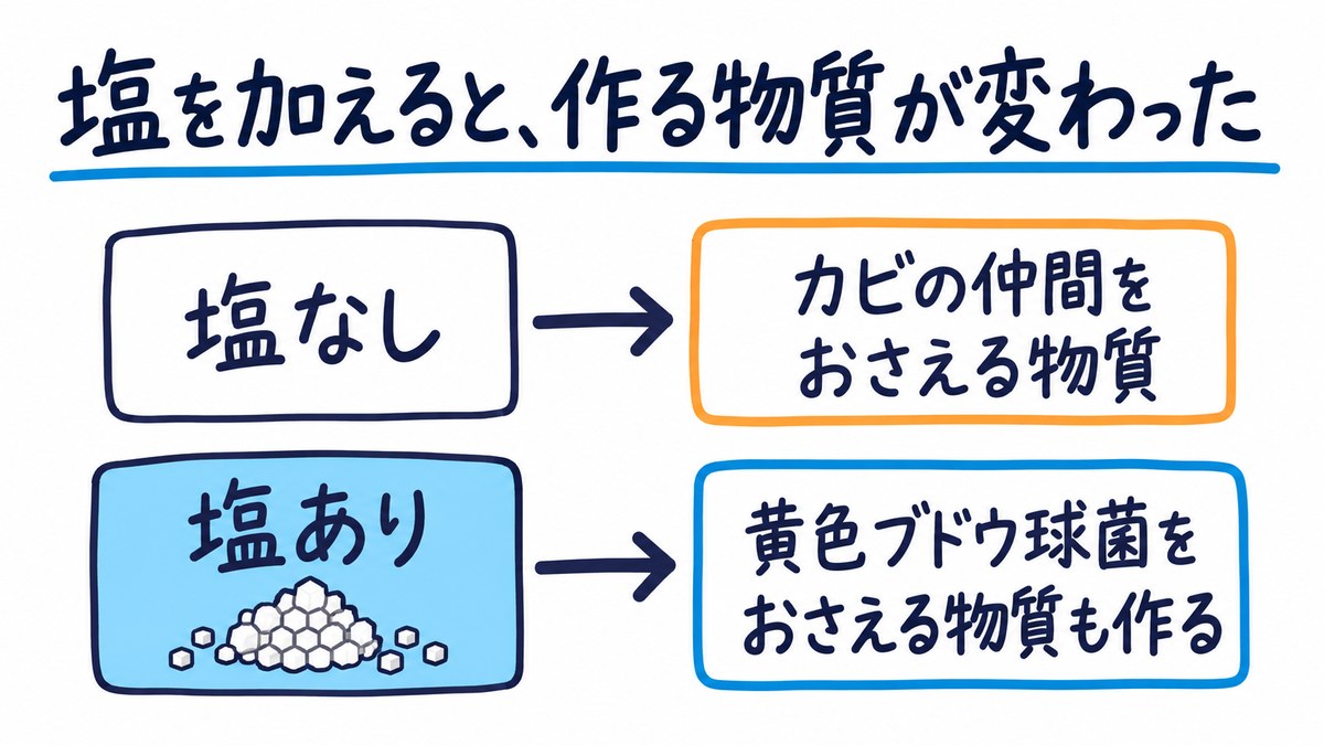 図解。「塩なし」の箱から「カビの仲間をおさえる物質」へ、「塩あり」の箱から「黄色ブドウ球菌をおさえる物質も作る」へ矢印。「塩を加えると、作る物質が変わった」の文字。