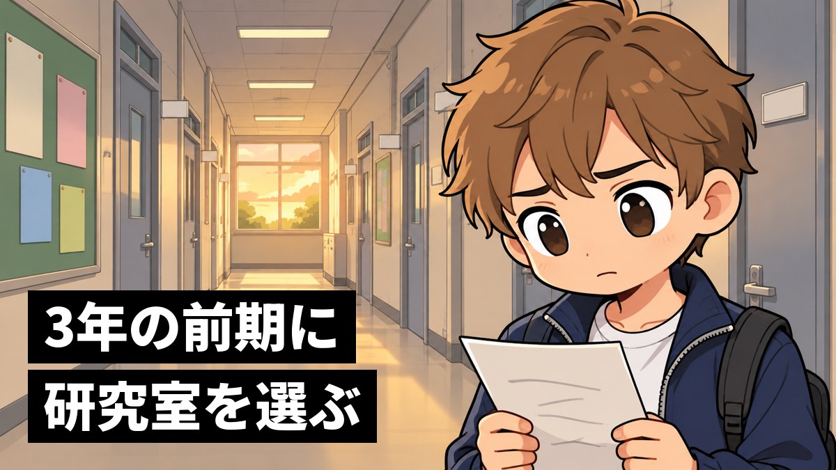 研究室の扉が並ぶ大学の廊下で、手に持った紙を見つめて不安そうに眉を下げる短い茶髪の男子大学生。「3年の前期に研究室を選ぶ」の文字。
