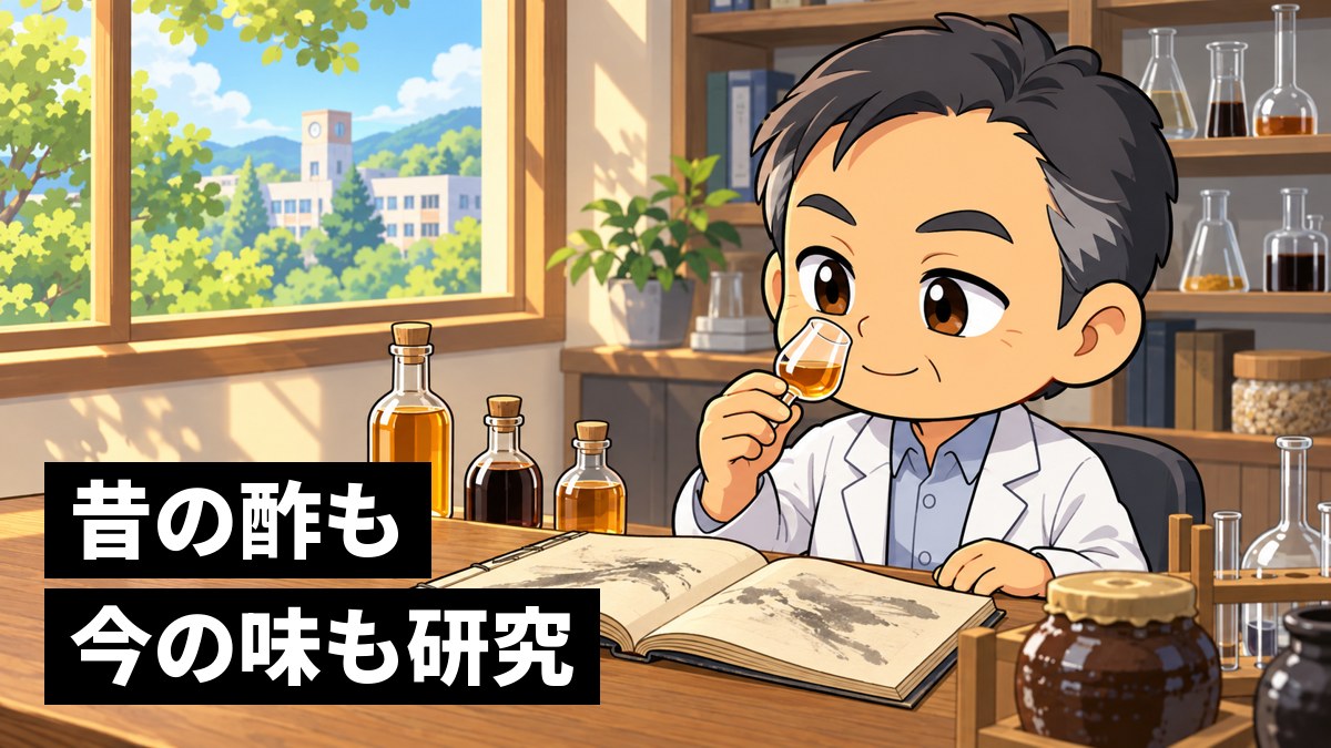 古い和綴じの本が開いた木の机で、小さなグラスの酢の香りを目を細めて確かめる白衣の中年の男性研究者。後ろにガラスの瓶が並ぶ棚。「昔の酢も今の味も研究」の文字。