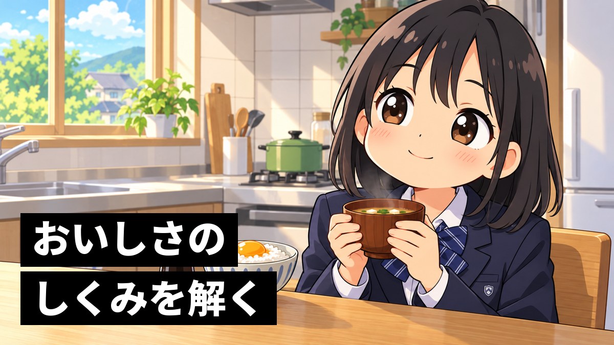 朝の台所の食卓で、みそ汁のおわんを両手で持ってひと口すすり、ほっとした顔で首をかしげる館山中の女子。横にしょうゆさしと卵かけごはん。「おいしさのしくみを解く」の文字。