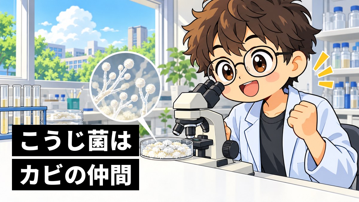 大学の実験室で、顕微鏡から顔を上げて目を輝かせる眼鏡の男子大学生。机の上に白いこうじがついたお米のシャーレ。「こうじ菌はカビの仲間」の文字。