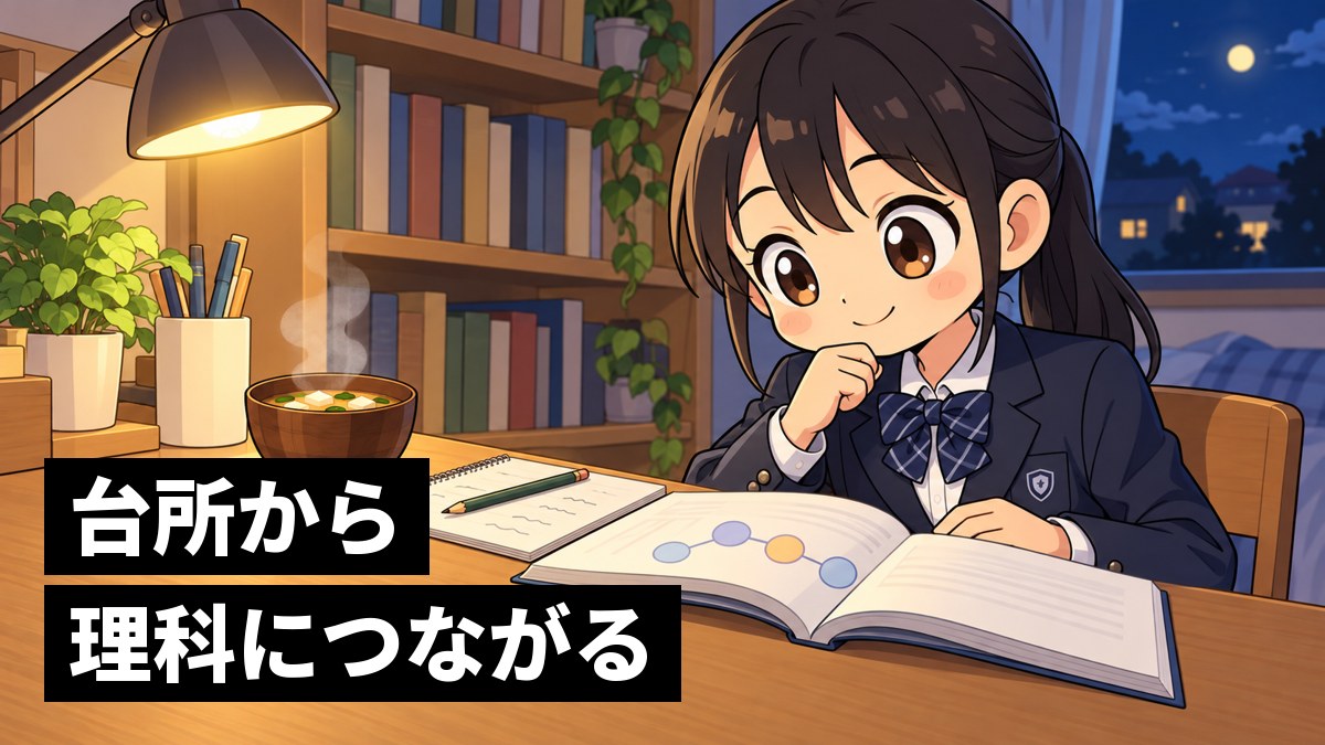 家の机で理科の教科書とノートを開き、横に置いたみそ汁のおわんを見て、うれしそうにうなずく館山中の女子。「台所から理科につながる」の文字。