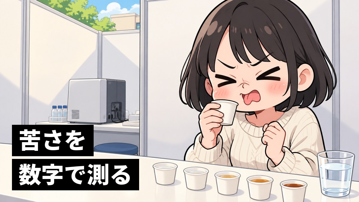 味見の机で、小さなカップの液体をなめてあまりの苦さに顔をしかめる黒髪ボブの女子大学生。机の上に番号のない小さなカップが並ぶ。「苦さを数字で測る」の文字。