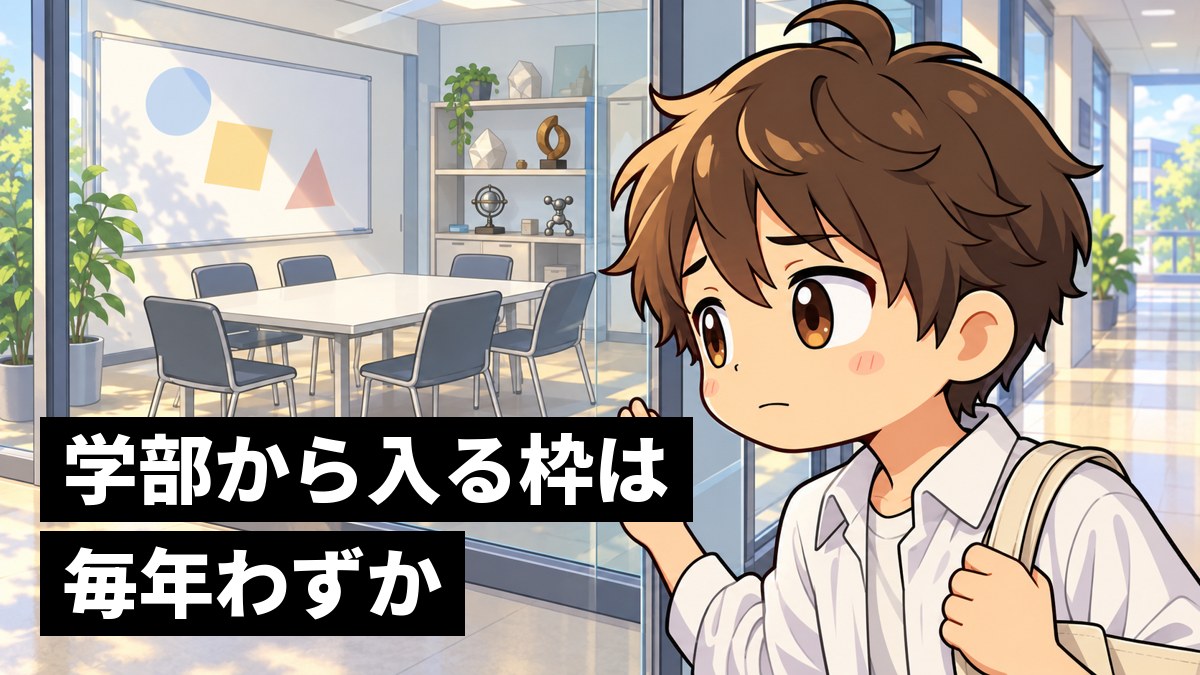 大学のゼミ室の前で、ガラス越しに数脚しかない椅子を見つめ、少ししょんぼりする茶髪の男子大学生。「学部から入る枠は毎年わずか」の文字。