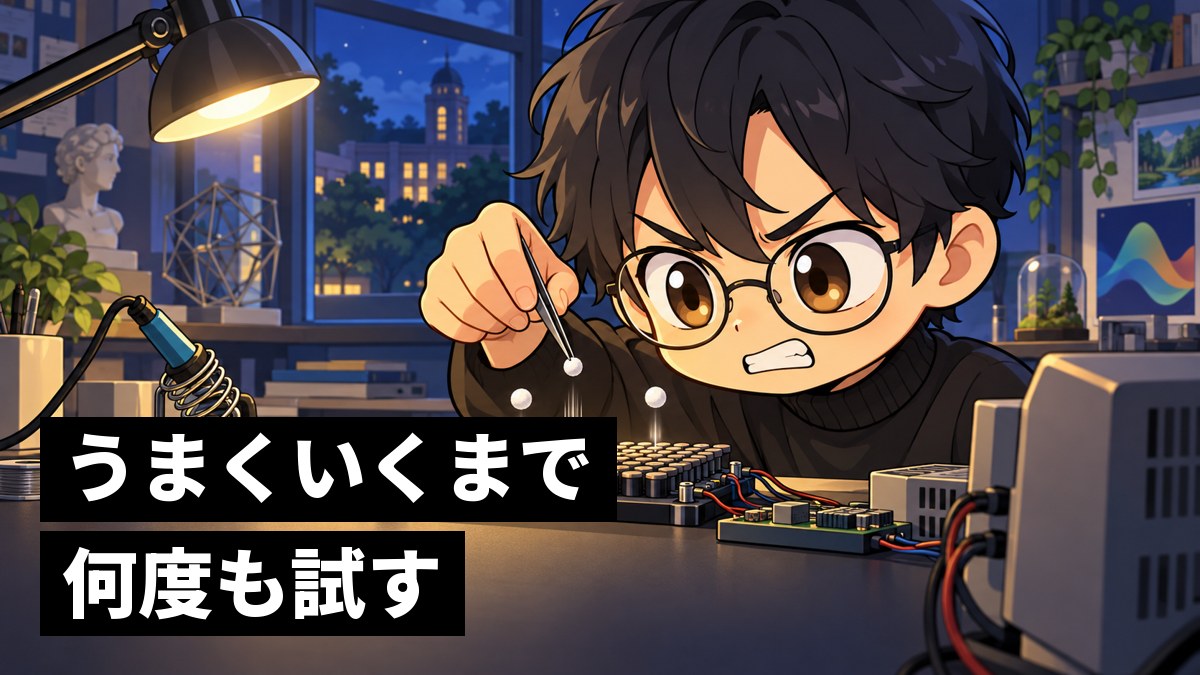 夜の研究室で、小さなスピーカーを並べた装置から浮かべた白い粒がぽとりと落ちてしまい、悔しくて歯を食いしばる大学院生の男性。「うまくいくまで何度も試す」の文字。