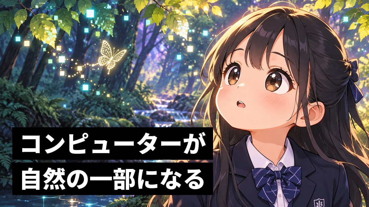 木の葉や蝶が小さな光の粒でできている不思議な森の中で、夢中で見上げる館山中の女子。「コンピューターが自然の一部になる」の文字。