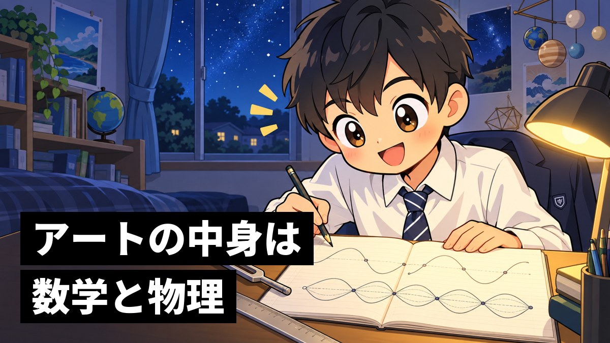 夜の自分の部屋で、ノートに波の形を描きながら、浮かぶ粒のしくみが分かってきてワクワクする館山中の男子。「アートの中身は数学と物理」の文字。