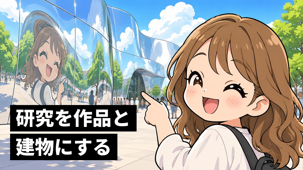 青空の下、ゆがんだ鏡のように空と人を映す銀色の建物の前で、映った自分を見つけて満面の笑顔になる大学生の女性。「研究を作品と建物にする」の文字。