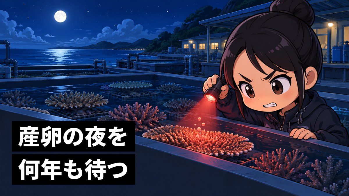 夜の屋外水槽の前で、赤いライトを手に、サンゴの産卵の瞬間を逃すまいと歯を食いしばって見張る研究者の女性。「産卵の夜を何年も待つ」の文字。