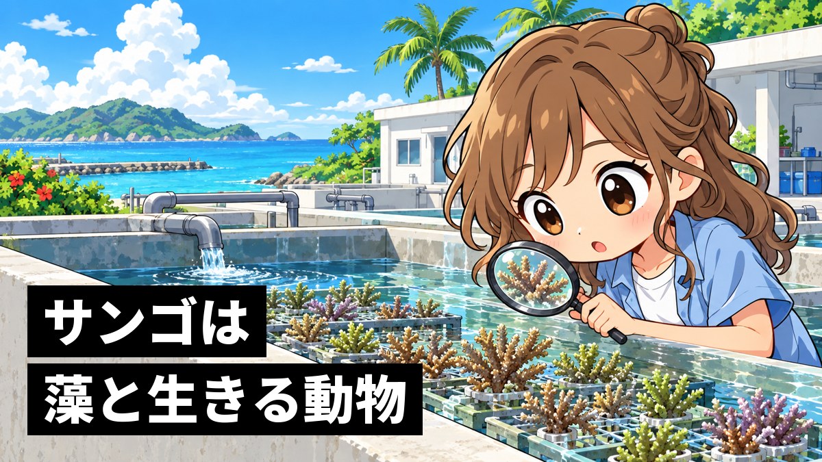 海辺の研究施設の屋外水槽で、茶色や緑のサンゴのかけらを虫めがねでのぞきこみ、夢中で観察する茶髪の女子大学生。「サンゴは藻と生きる動物」の文字。