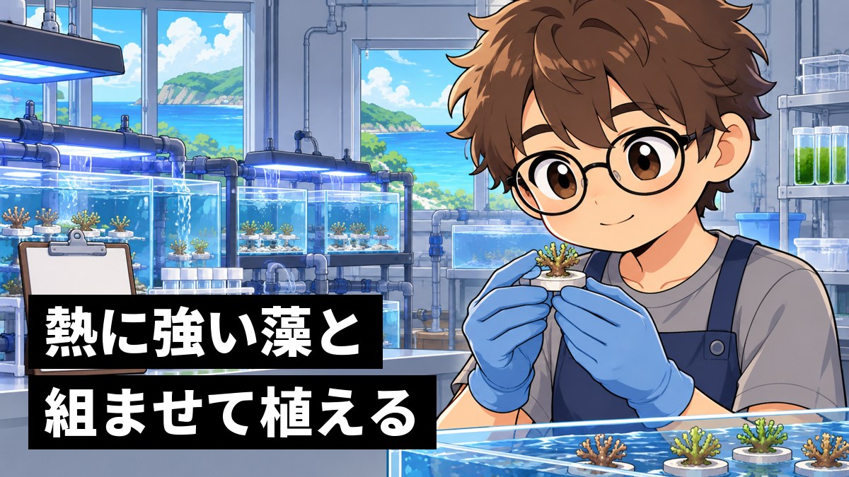 研究施設の室内の水槽室で、台座にのった小さなサンゴを手に取り、色を保って育っているのを見て、ほっとしてうれしそうな眼鏡の男子大学院生。「熱に強い藻と組ませて植える」の文字。