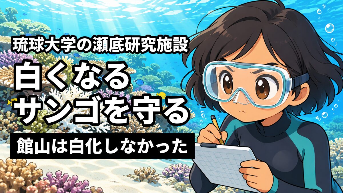 サンゴ礁の海の中で、ウェットスーツを着た日焼けした短髪の女子大学生が、白くなったサンゴを見つめながら記録用のボードに書きこんでいる。「琉球大学の瀬底研究施設」「白くなるサンゴを守る」「館山は白化しなかった」の文字。