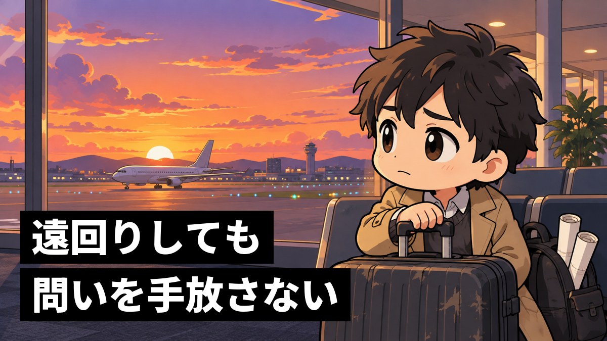 空港の大きな窓の前で、スーツケースを横に置き、遠くの飛行機を見つめて少し心細そうな若い研究者の男性。「遠回りしても問いを手放さない」の文字。