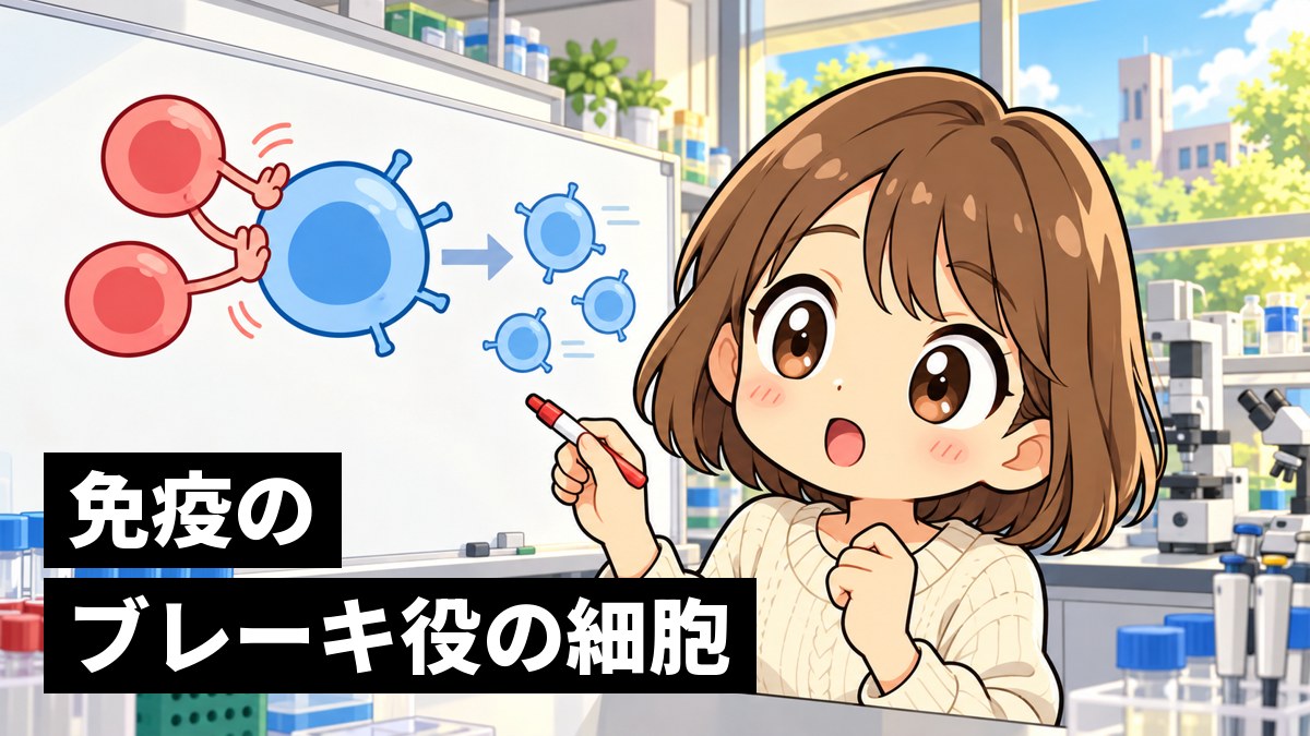 大学の研究室のホワイトボードに、赤い丸い細胞が青い細胞を押しとどめる絵を描きながら、夢中になる茶髪の女子大学生。「免疫のブレーキ役の細胞」の文字。
