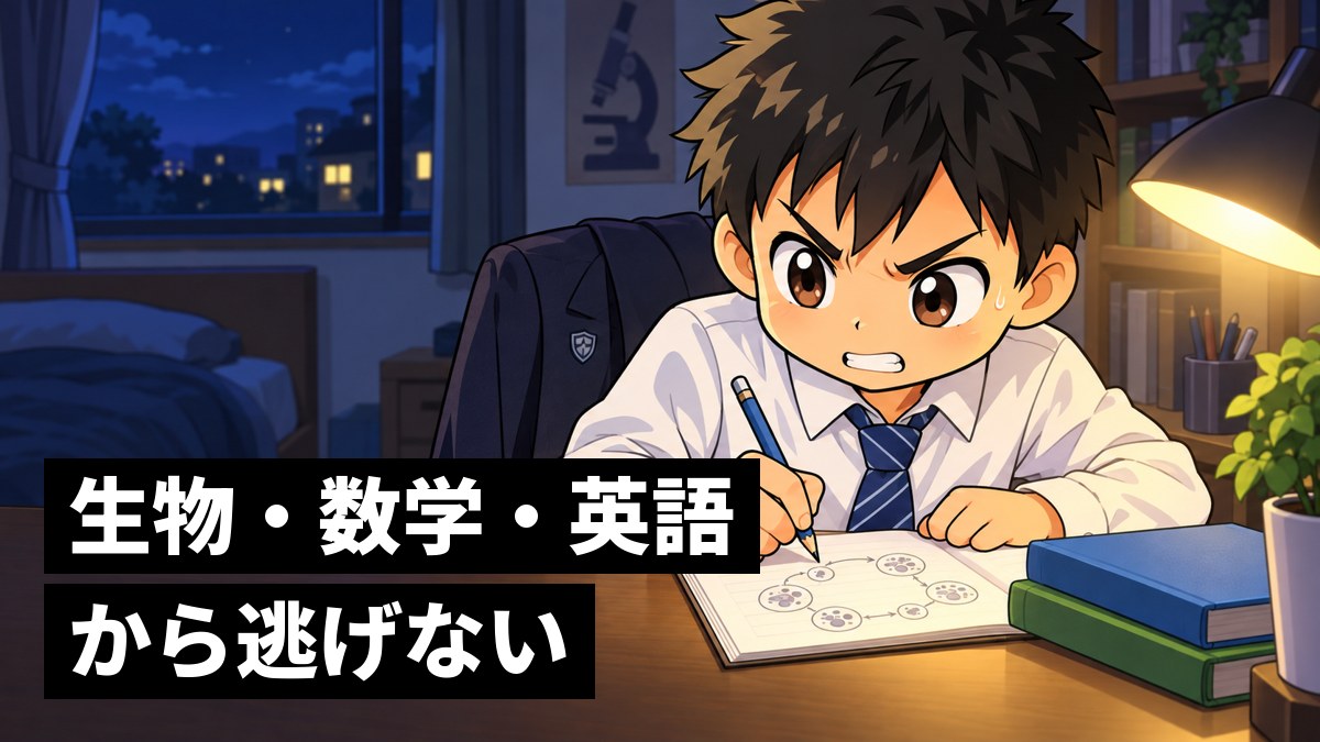 夜の自分の部屋の机で、ノートに細胞の図を描きながら、苦手な問題に負けないと歯を食いしばる館山中の男子。「生物・数学・英語から逃げない」の文字。