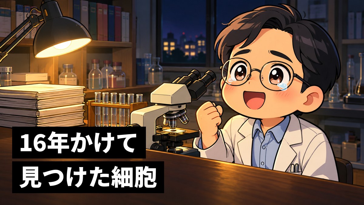 夜の研究室で、顕微鏡から顔を上げ、長年探していた細胞を見つけて目に涙をためて喜ぶ白衣の研究者の男性。「16年かけて見つけた細胞」の文字。