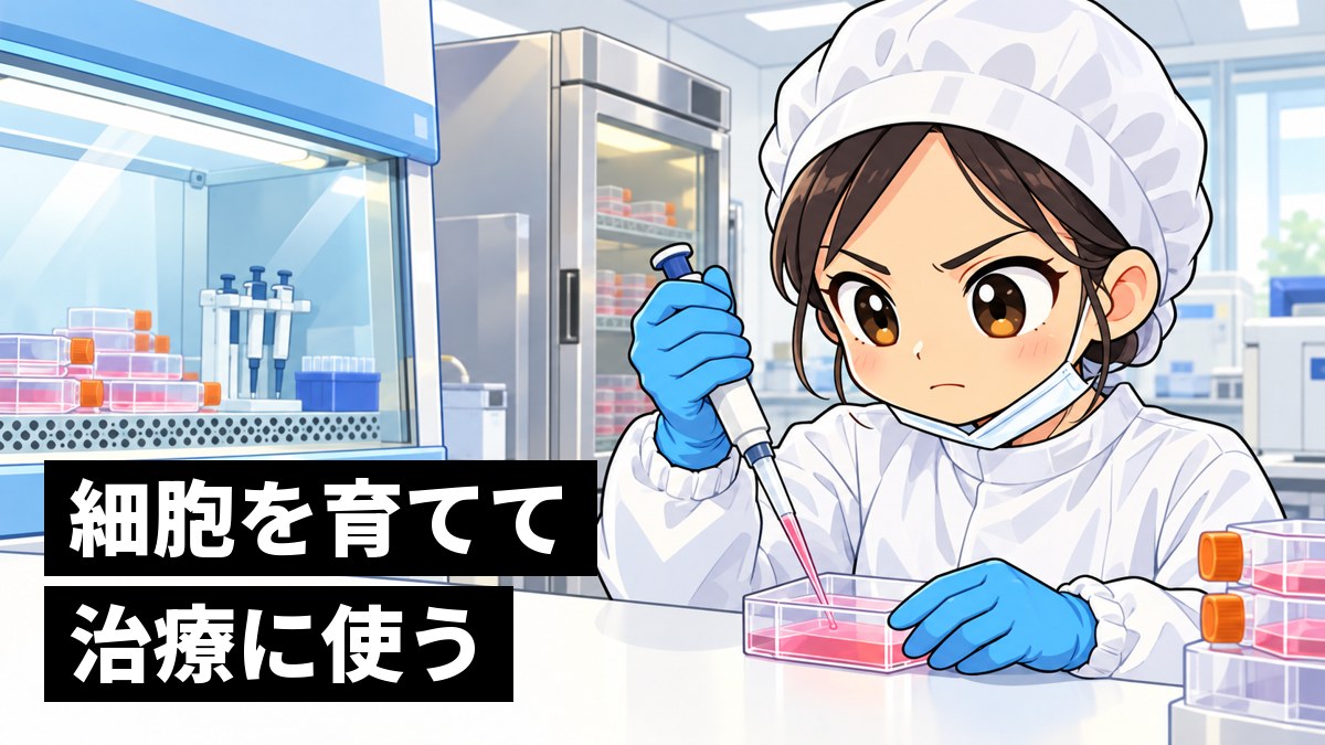 白い作業着姿で、細胞を育てる作業台の前で、絶対に失敗できないと唇を結んで集中する若い女性の研究者。「細胞を育てて治療に使う」の文字。