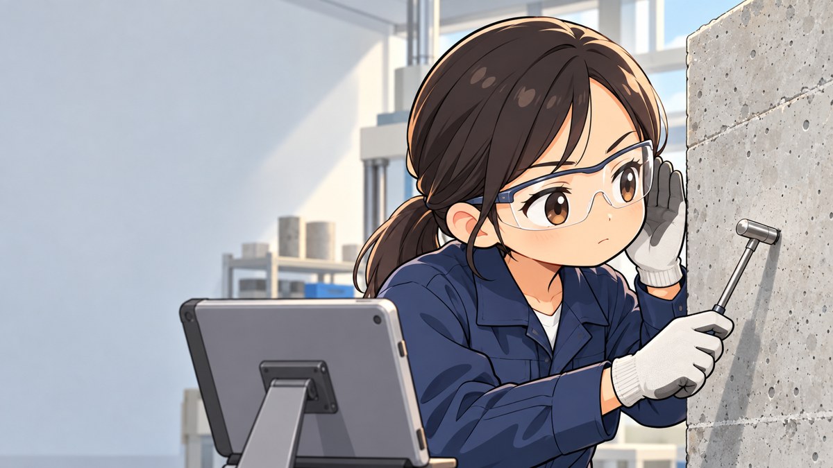 大学の実験室で、コンクリートの壁を小さな点検用ハンマーで軽くたたき、耳をすませて音を聞く女子大学院生。