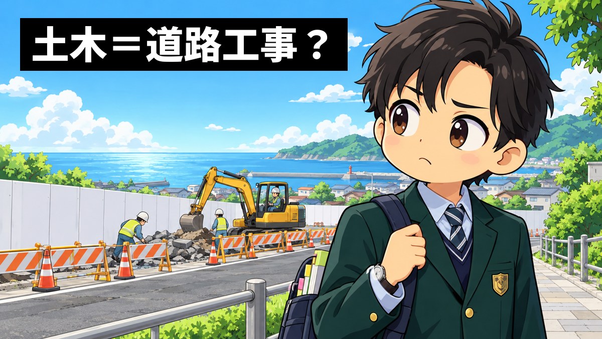 館山の道路わきの歩道で、工事用のフェンスの向こうの道路工事を見て、首をかしげる志学館高の男子。「土木=道路工事?」の文字。
