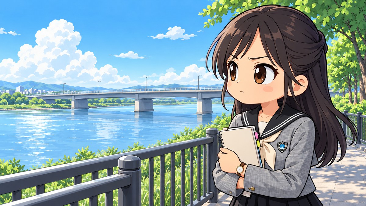 川沿いの堤防の歩道で、さくの内側から川にかかるコンクリートの橋を見つめ、眉を寄せて真剣な顔をする翔凜高の女子。