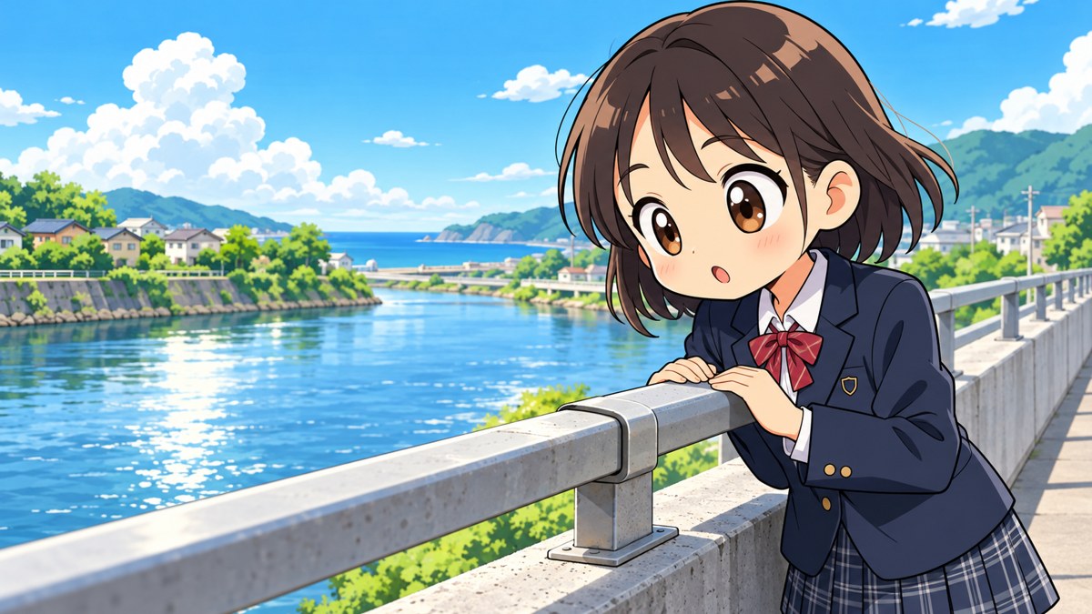 館山の川にかかる歩道橋の上で、手すりのつぎ目をのぞきこみ、目を輝かせる館山中の女子。