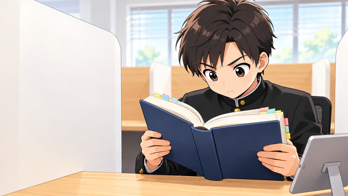 東進館山校の自習ブースで、化学の参考書を胸の高さで持ち、眉を寄せて集中して読む安房高の男子。