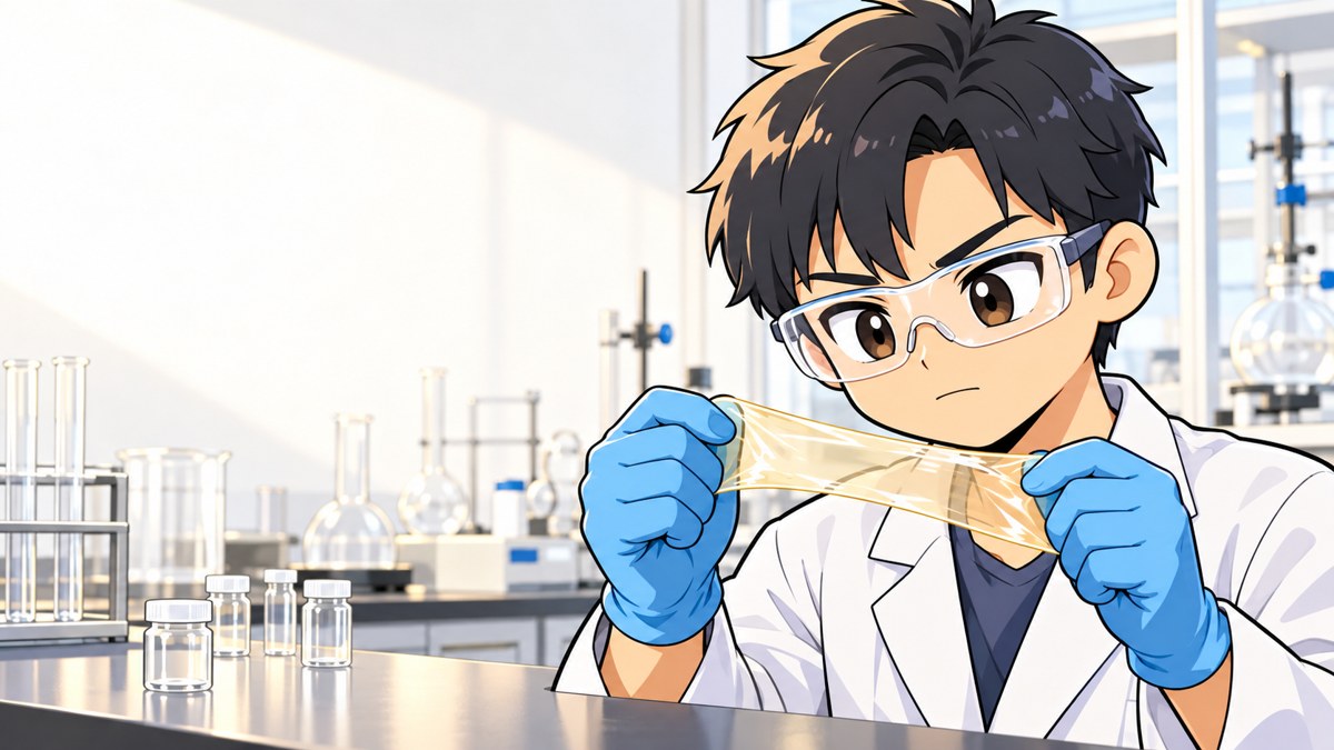 大学の化学の実験室で、うすい透明なフィルムを両手で引っぱって、伸び方を真剣な顔で確かめる男子大学院生。