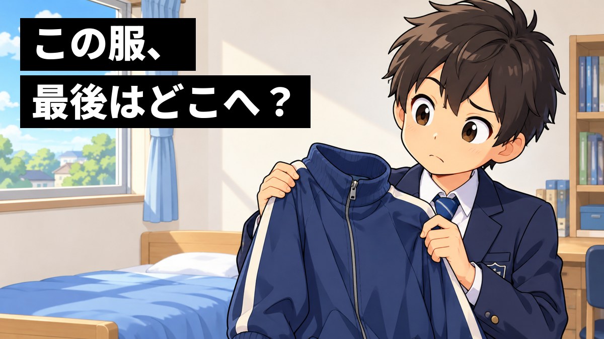 家の自分の部屋で、着なくなった体操服のジャージを広げて持ち、首をかしげて見つめる館山中の男子。「この服、最後はどこへ？」の文字。