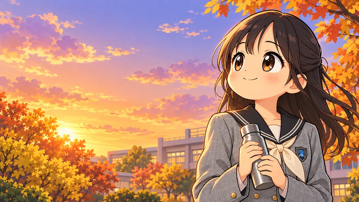 秋の夕方の高校の中庭で、くり返し使える水筒を持ち、空を見上げて小さくほほえむ翔凜高の女子。