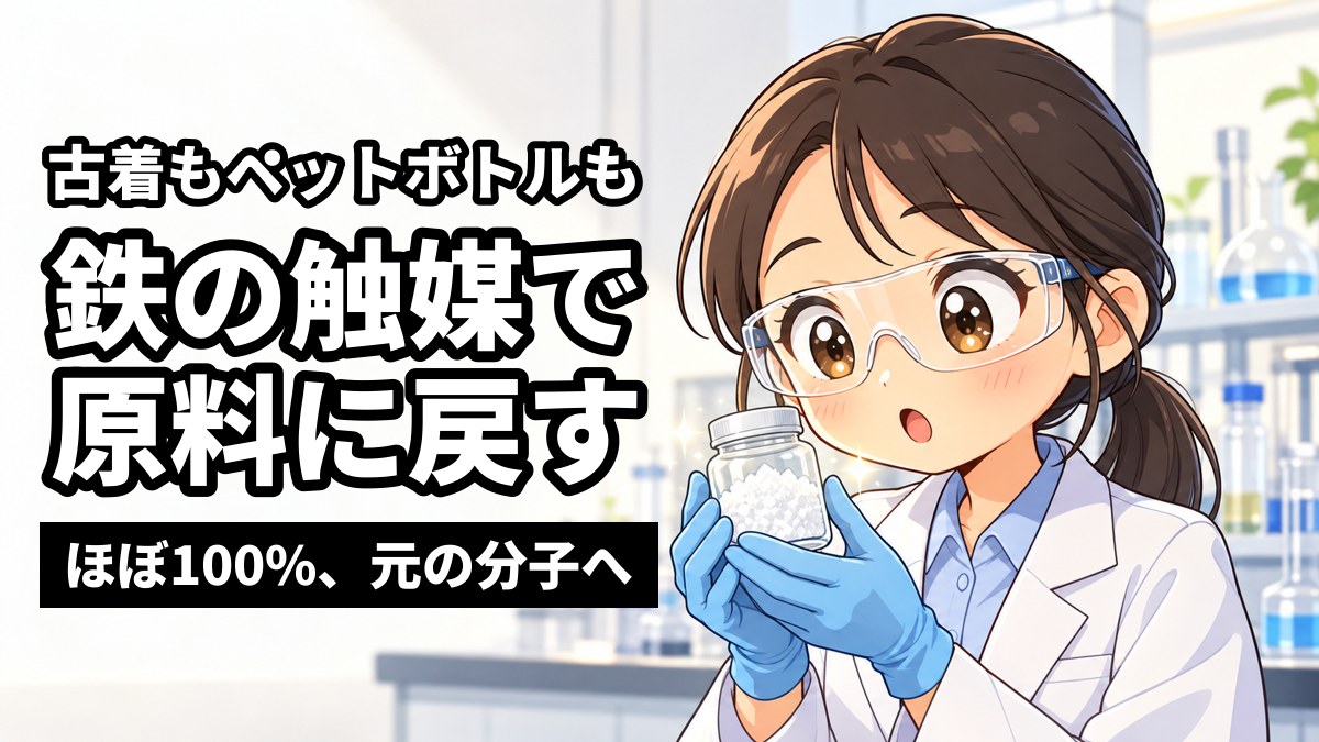 大学の化学の実験室で、白い結晶の入ったガラスの容器を胸の前で持ち、目を見開いて見つめる白衣の女子大学院生。「古着もペットボトルも」「鉄の触媒で 原料に戻す」「ほぼ100%、元の分子へ」の文字。