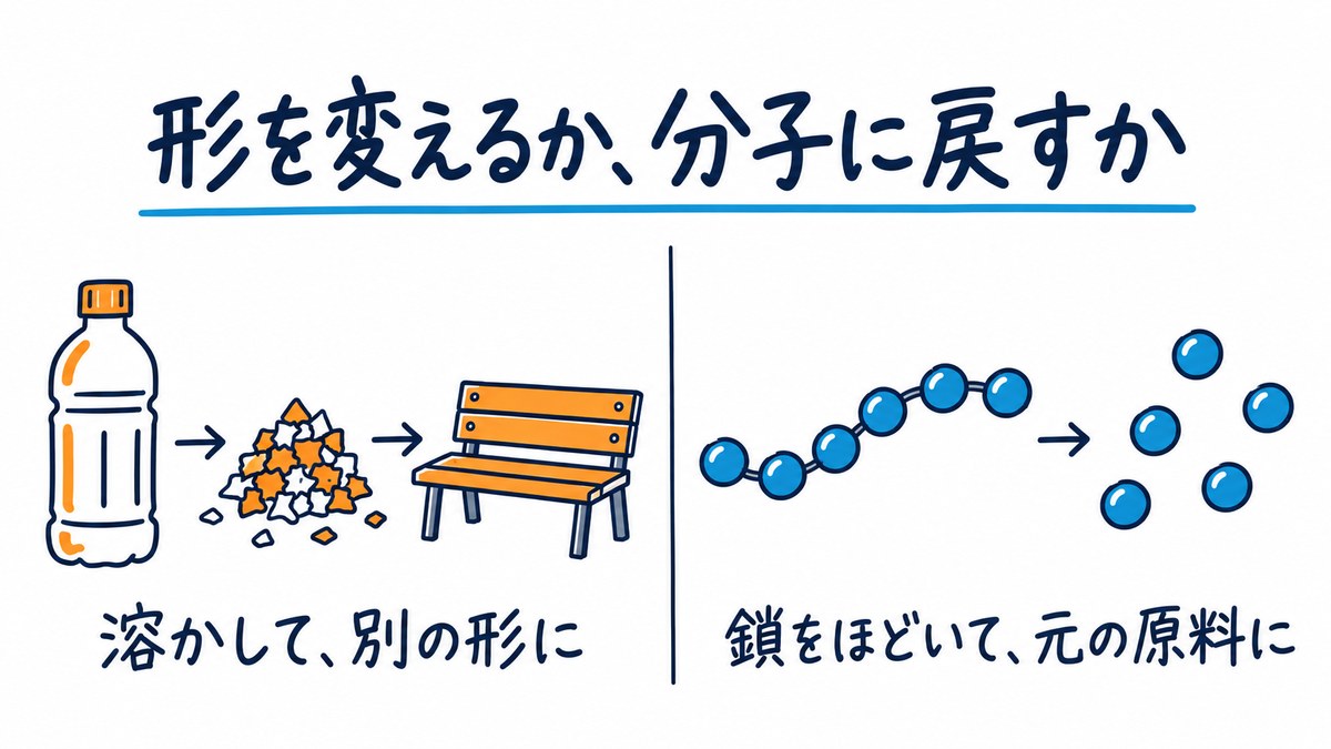 図解。左は、ボトルをくだいて溶かし、ベンチなど別の形に作り変えるリサイクル。右は、ポリエステルの鎖をほどいて、作る前の原料に戻すリサイクル。「形を変えるか、分子に戻すか」の文字。