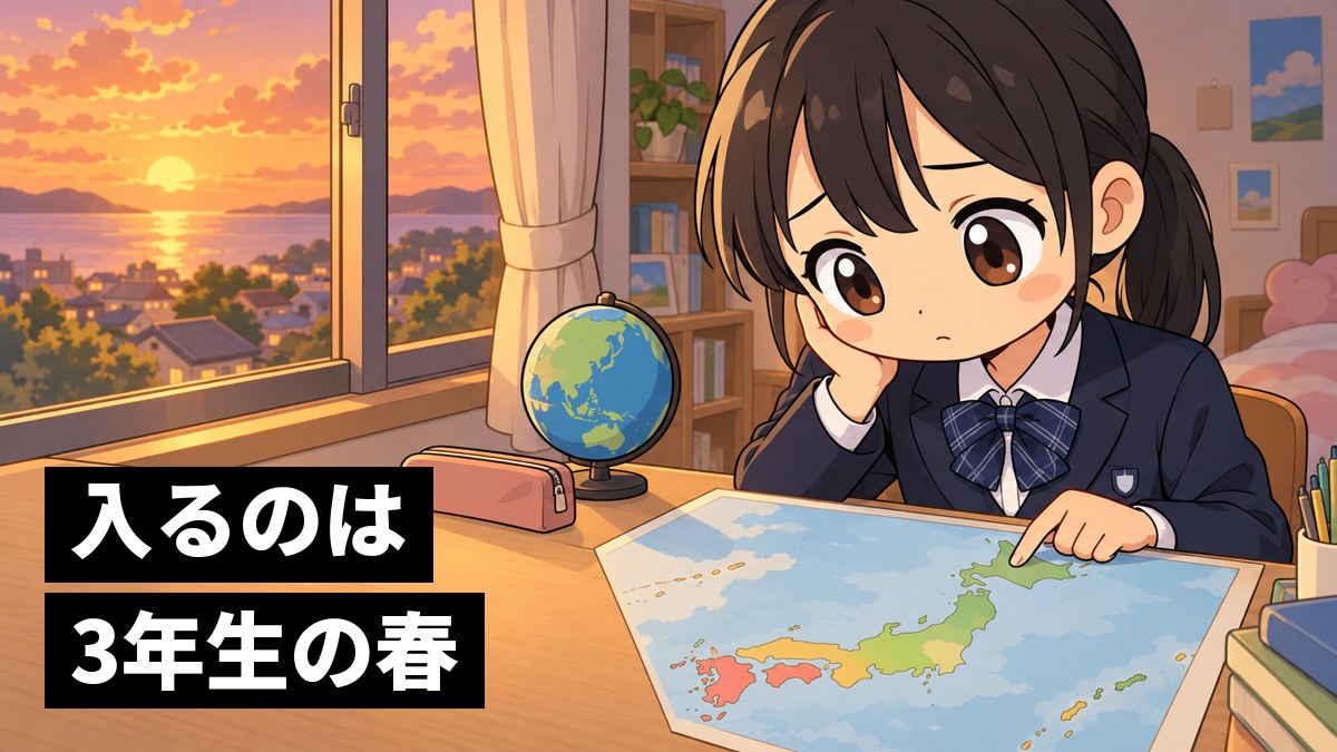 夕方の自分の部屋で、机に広げた日本地図の上で仙台までを指でたどり、少し心細そうな館山中の女子。「入るのは3年生の春」の文字。